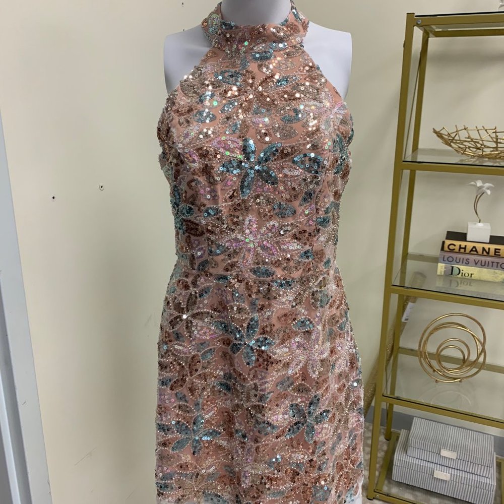 Soraia Sequin Halter Mini Dress- Champagne By Adelyn Rae
